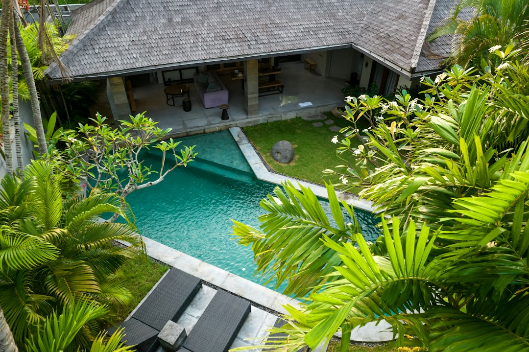 Aerial view of a Bali villa with a private swimming pool
