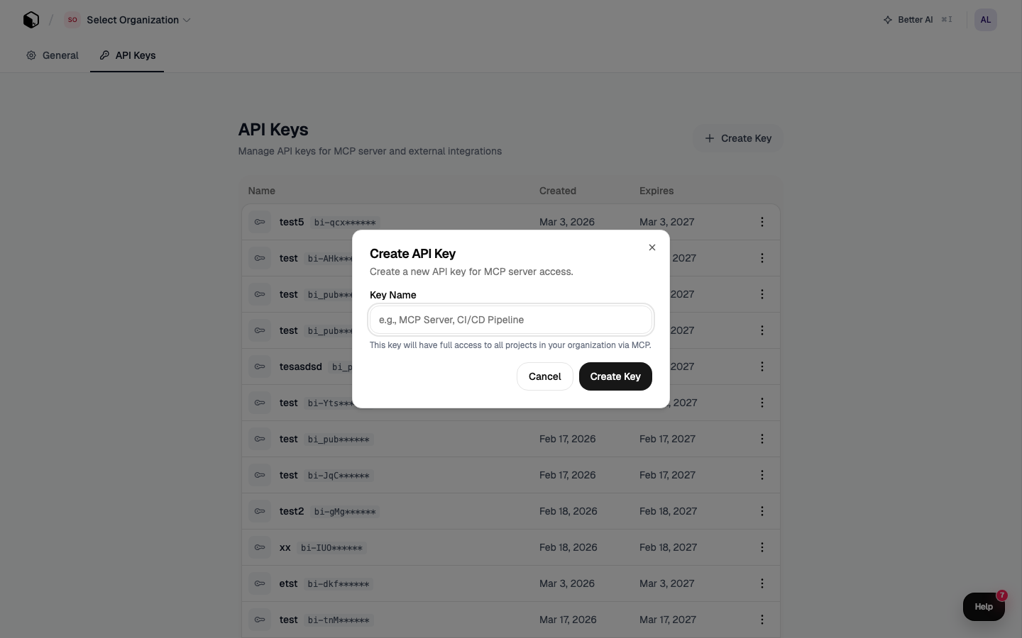 Create API Key — give your key a name and click Create Key