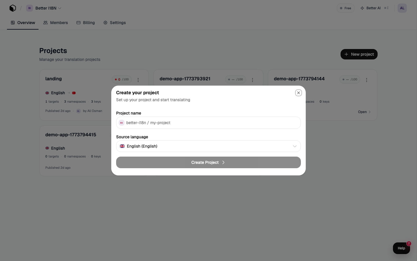 Create your project — enter a name and choose your source language